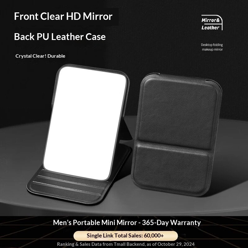Men'S Grooming Mirror - Foldable PU Leather Compact Mirror Portable